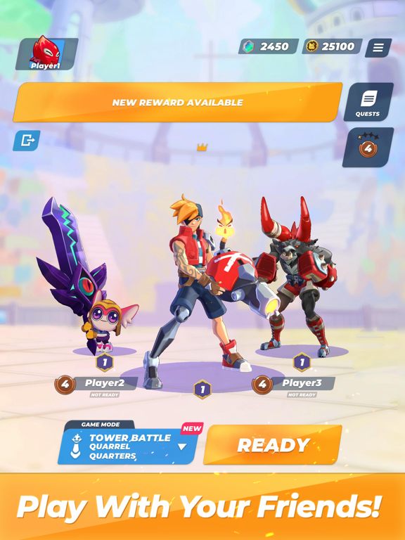 Arena Battle Champions — multiplayer lobby showing 3v3 team assembly and Tower Battle game mode selection