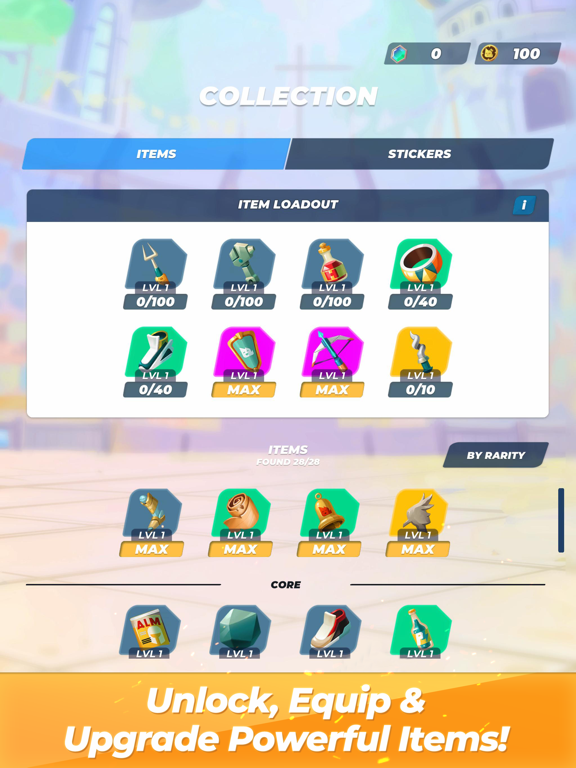 Arena Battle Champions — item loadout and collection management screen with rarity-sorted upgradeable items