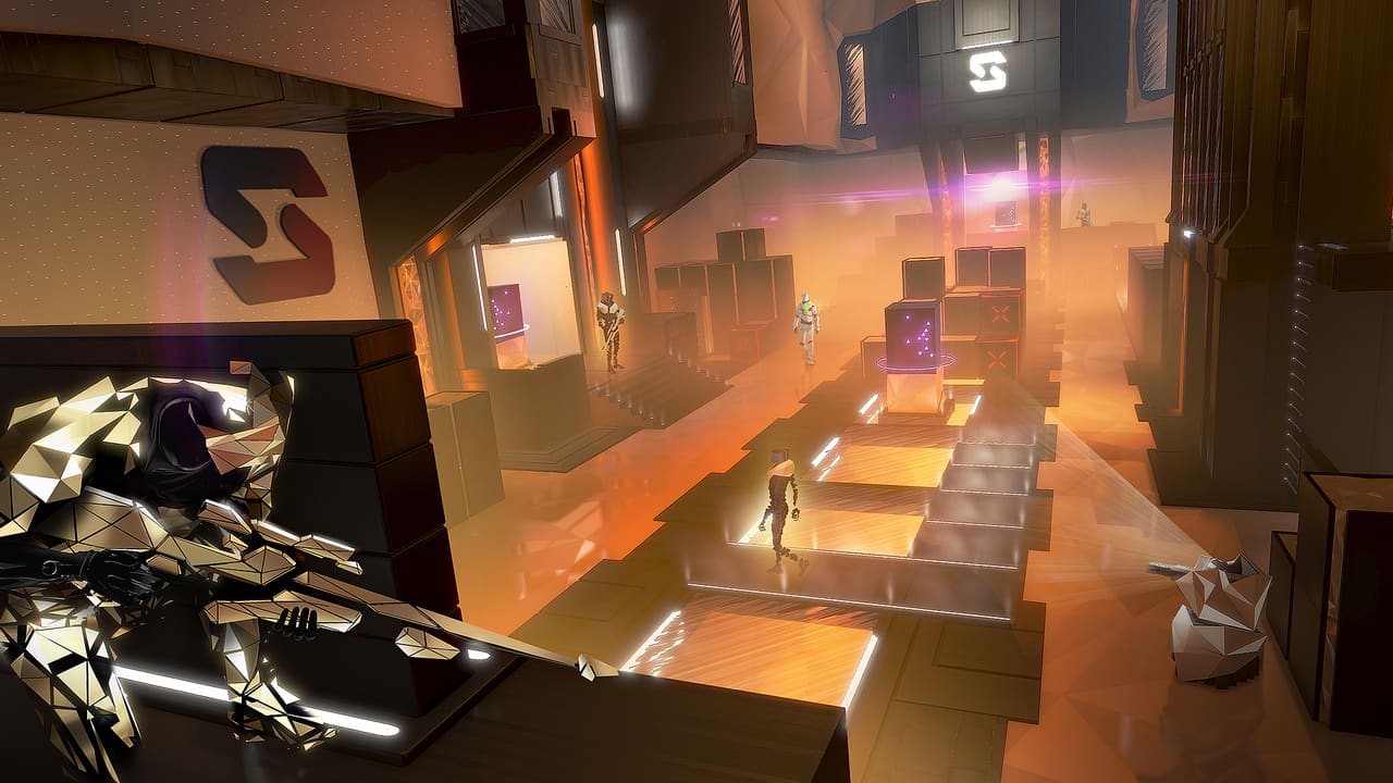 Deus Ex: Breach — stylised neon grid-world hacking level with floating platforms