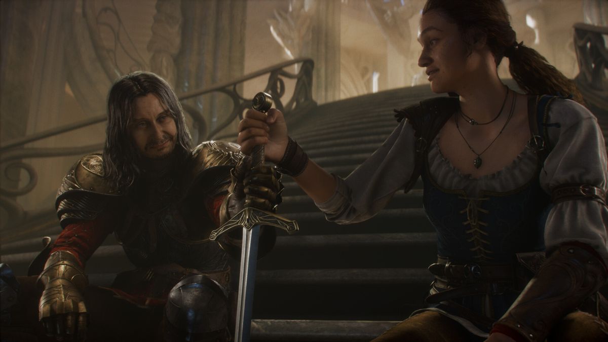 Fable — cinematic scene: two characters on stone stairs, one presenting a sword to the other