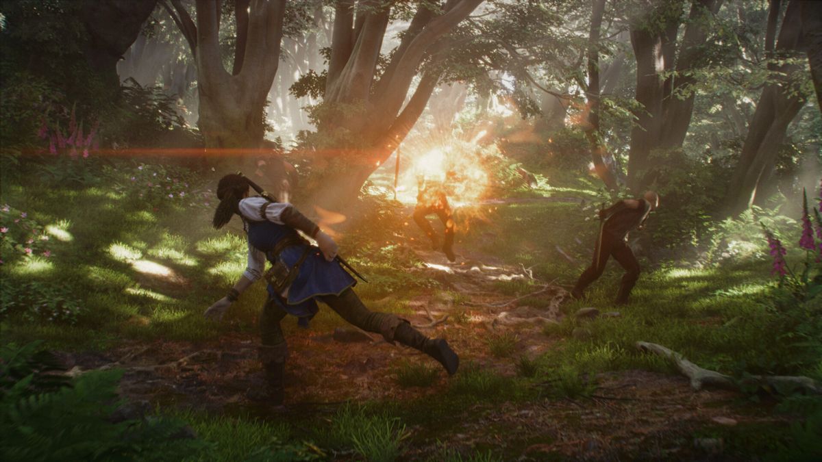 Fable — hero using a magic bolt attack against enemies in a sunlit Albion forest