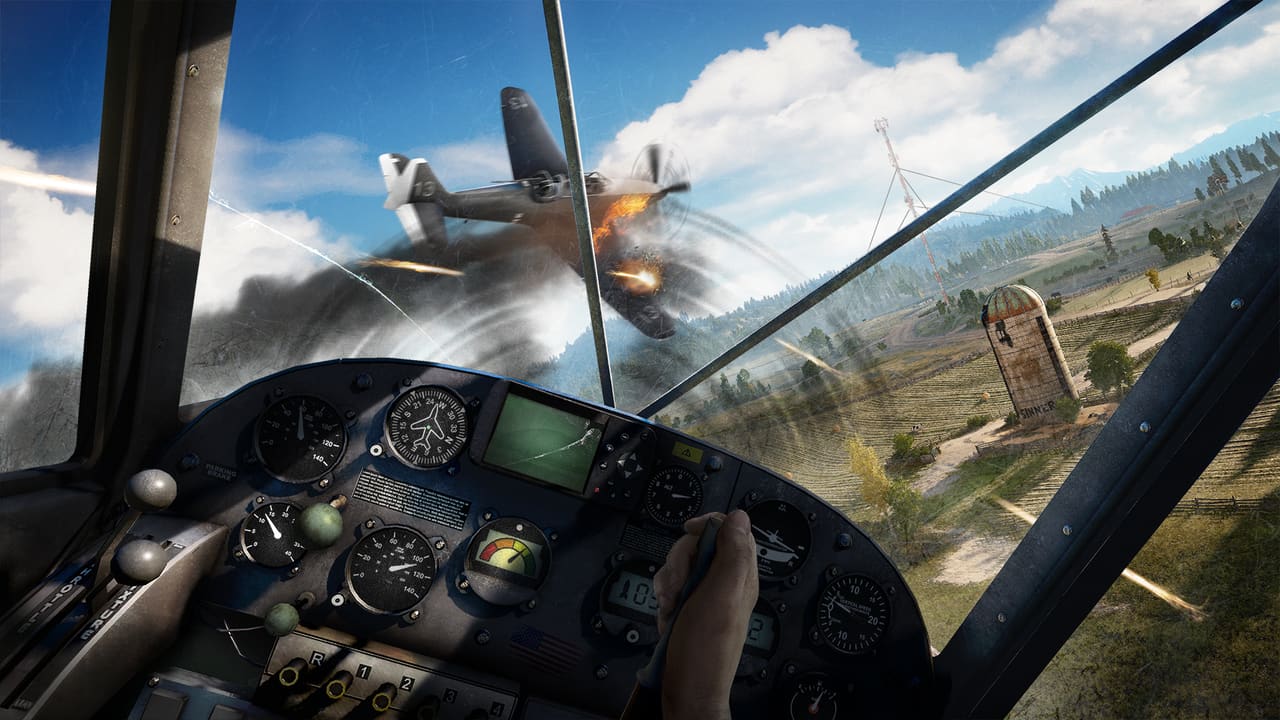 Far Cry 5 — aerial view of Hope County from small propeller plane